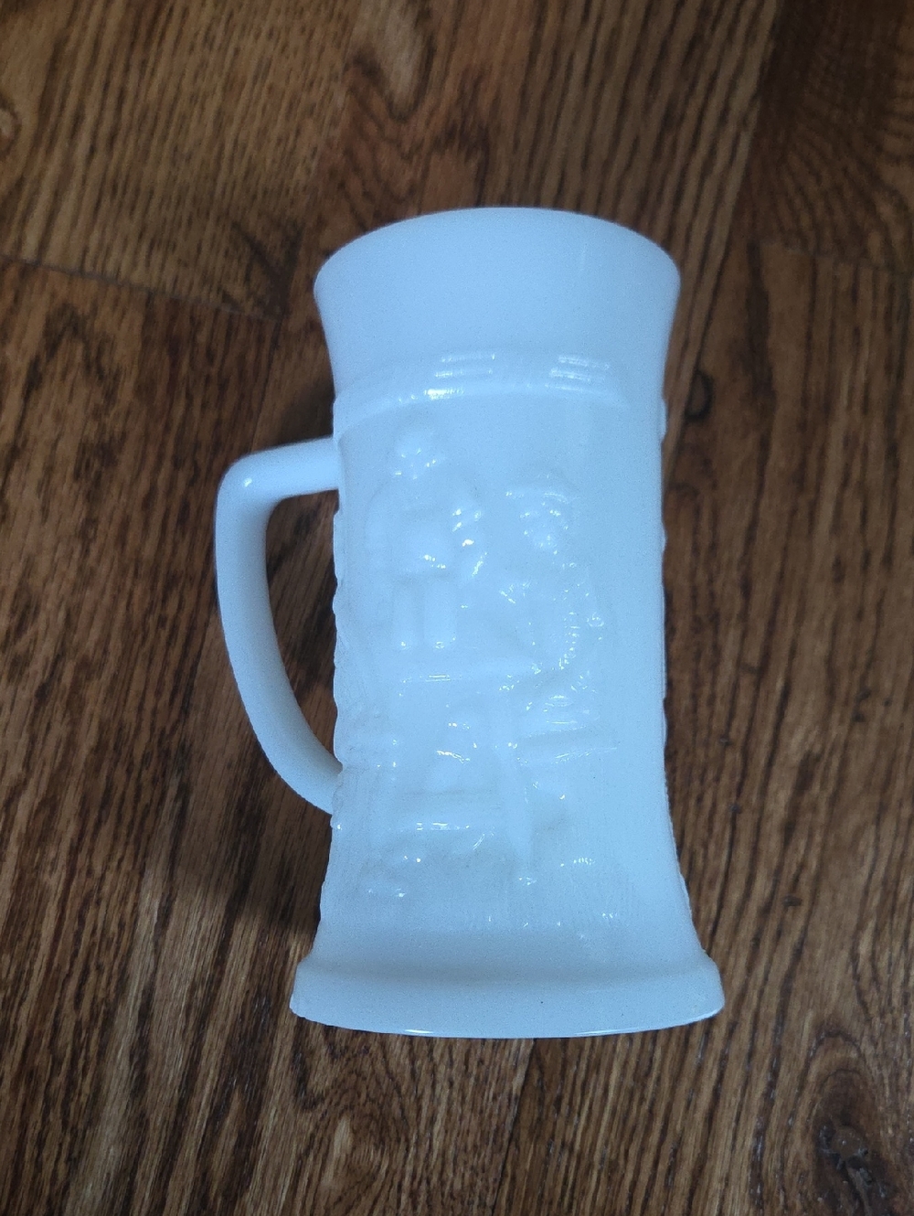 Vintage White Milk Glass Stein Mug with Design